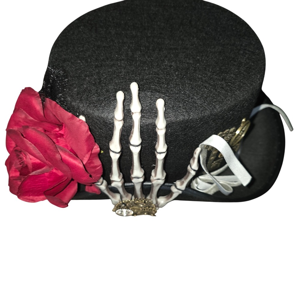 Black Steampunk Top Hat Skeleton Hand Red‎ Rose Gothic Cosplay Costume Accessory